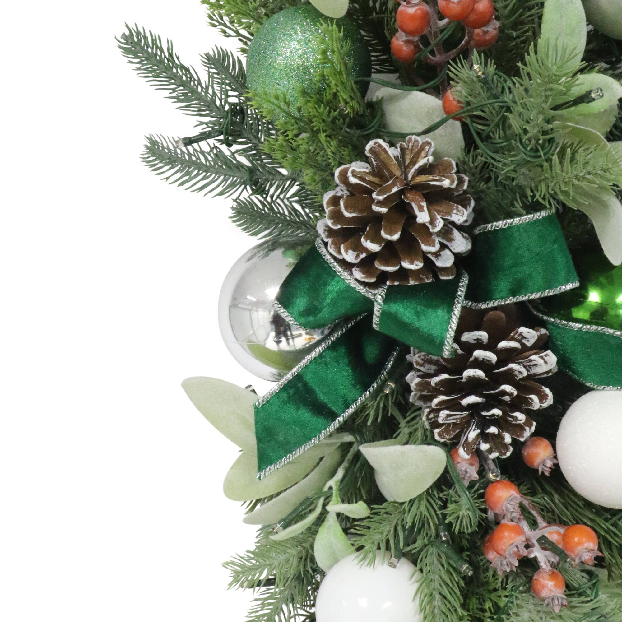 28" Pre-Lit Green & Silver Adorned Artificial Swag with Pinecones & Berries